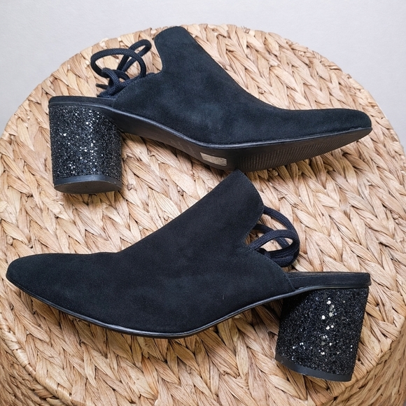 Free People Sparkler Mule Glitter Heel Black Suede Lace Back Block Heel Size 40 - Picture 8 of 12